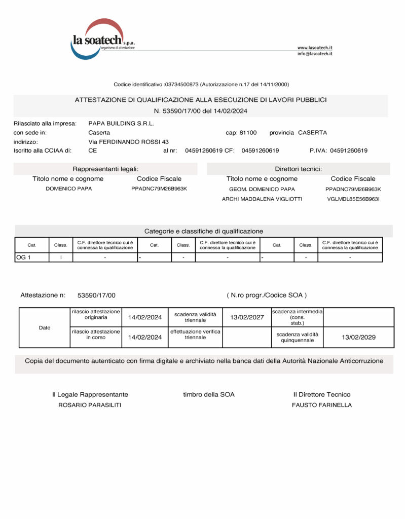 CERTIFICAZIONE SOA PAPA BUILDING